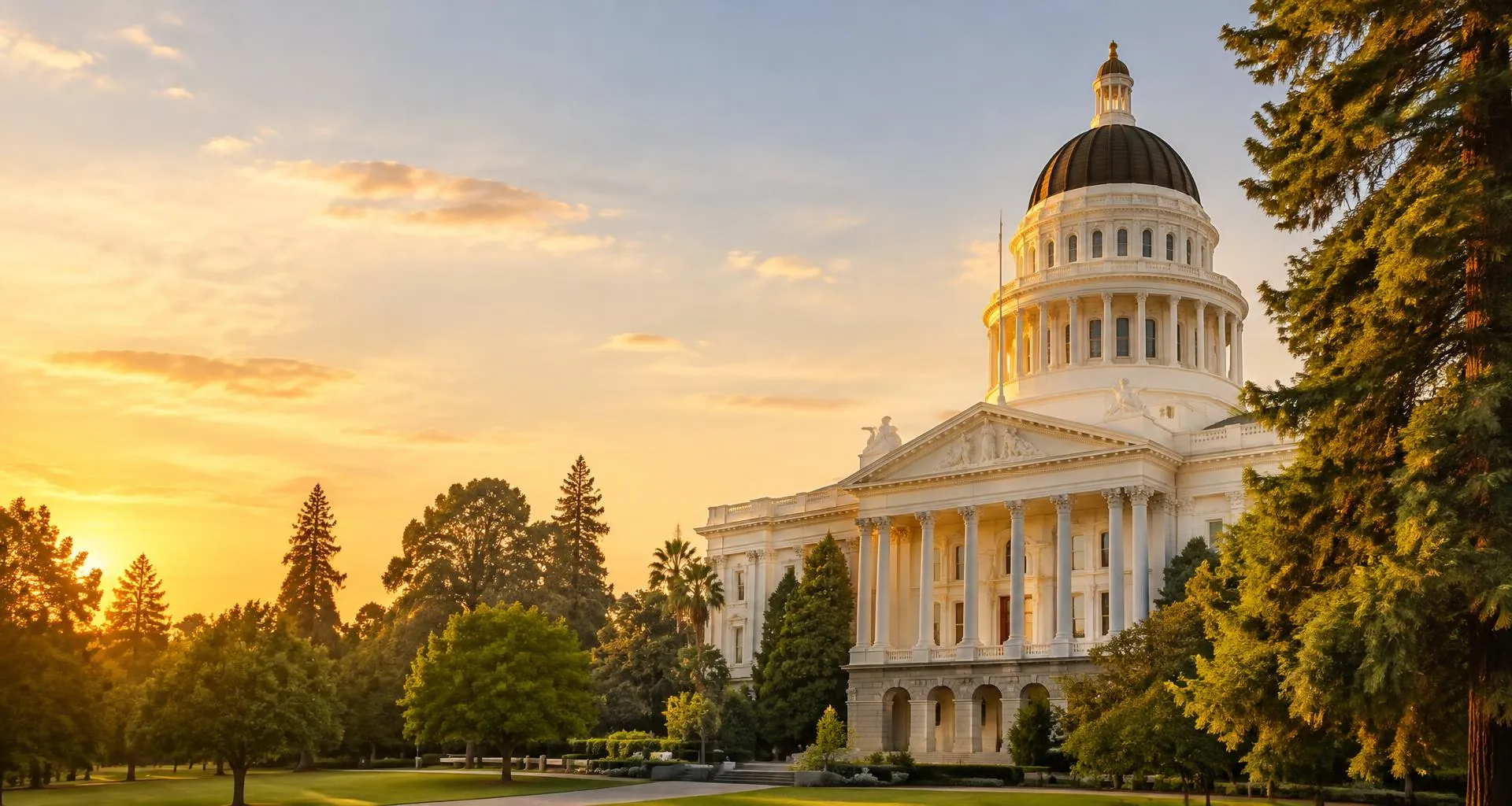 California State Capitol dome in Sacramento at golden hour